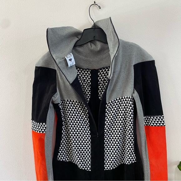 Nuvula Geometric Colorblock Long Sleeve Mock Neck Retro Mod Midi Dress Sz M - Picture 11 of 13